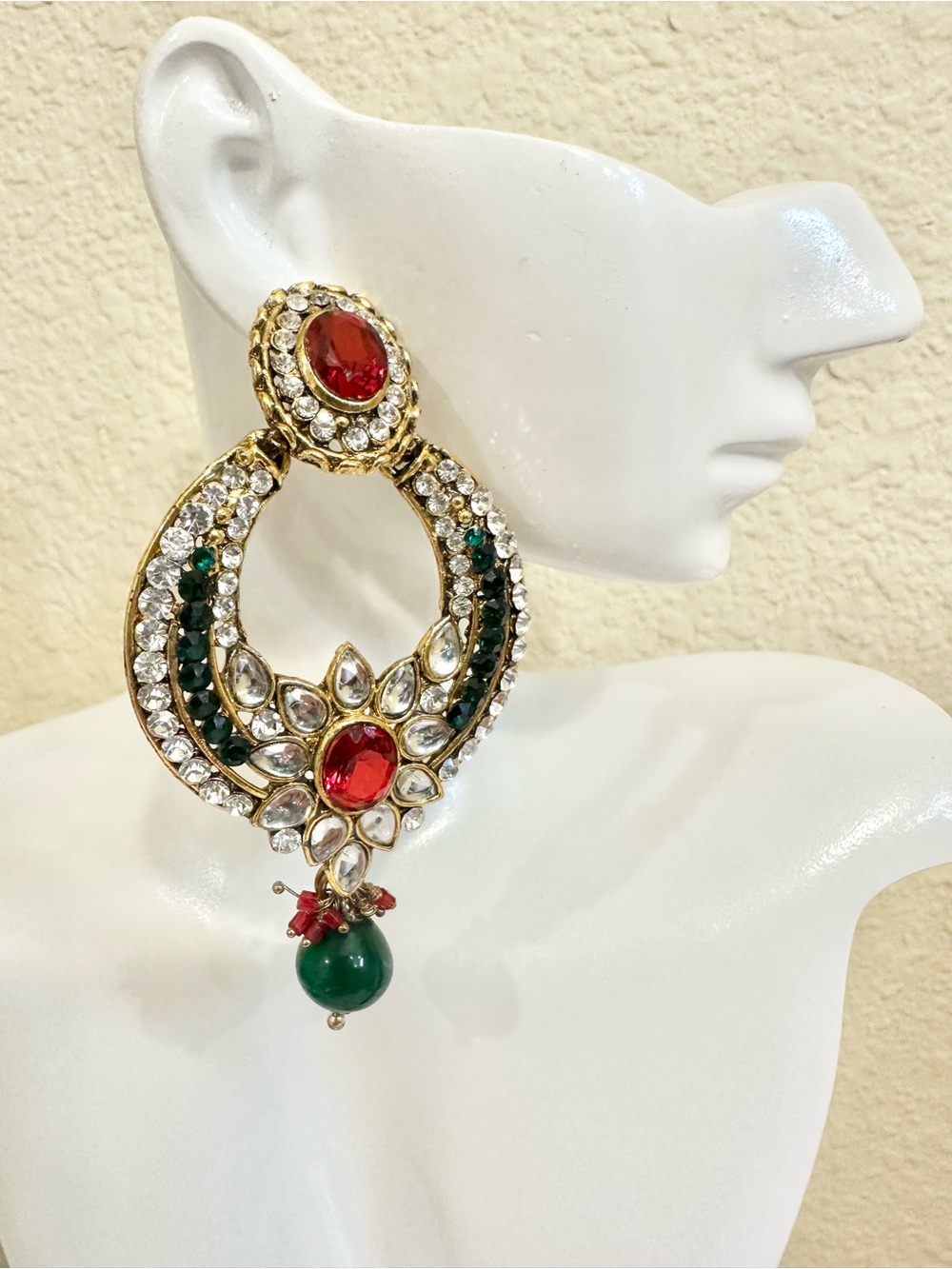 Gold-Tone Red & Green Crystal Drop Earrings - Southeast Asian